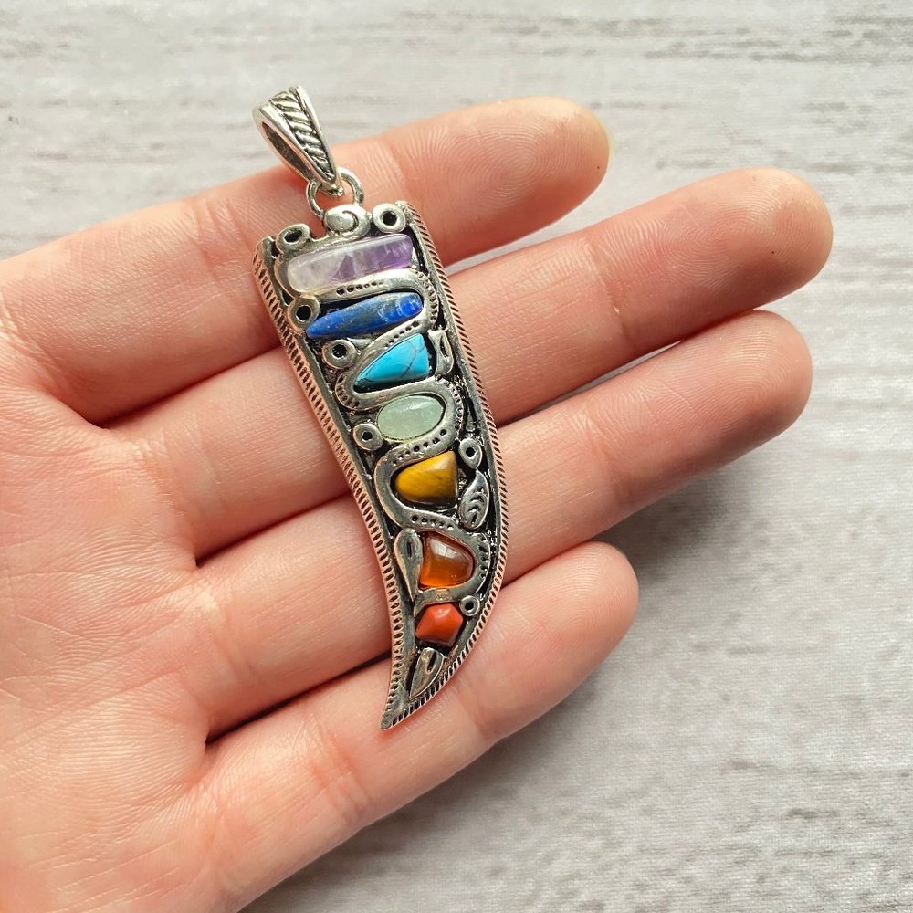 Silver Wand & 7 Chakra Stones Pendant - Picture 2 of 13